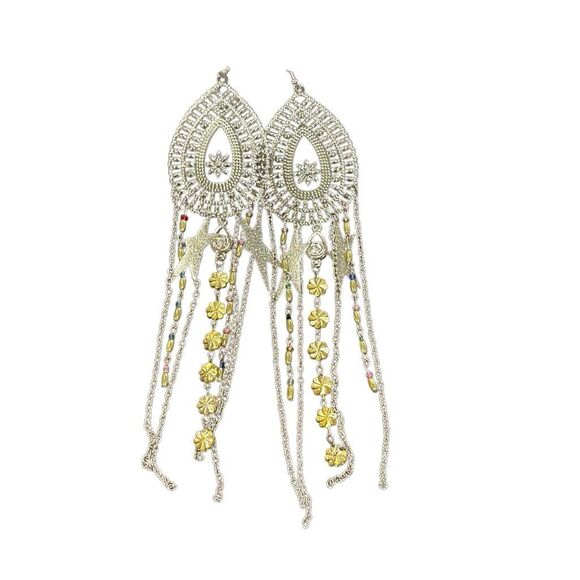 Silver Tone Teardrop Filigree Yellow Beaded Long Earrings Chain Fringe Stars NWT - Picture 1 of 7